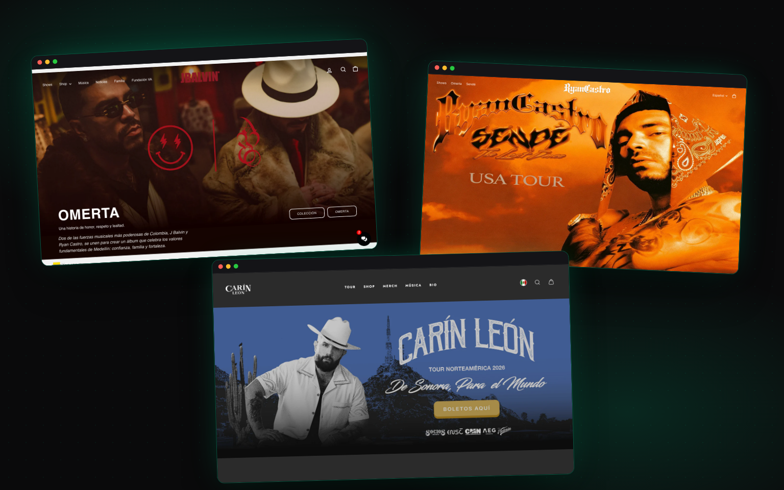 Tiendas y comunicación digital de J Balvin, Ryan Castro y Carín León